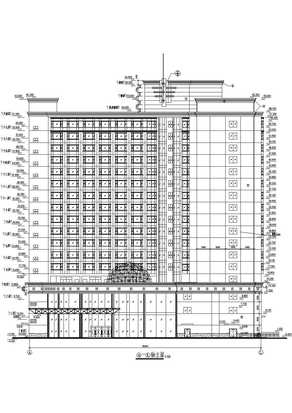 17层高级大酒店建筑设计施工cad平面立面方案布置图纸(多个套房大样图)