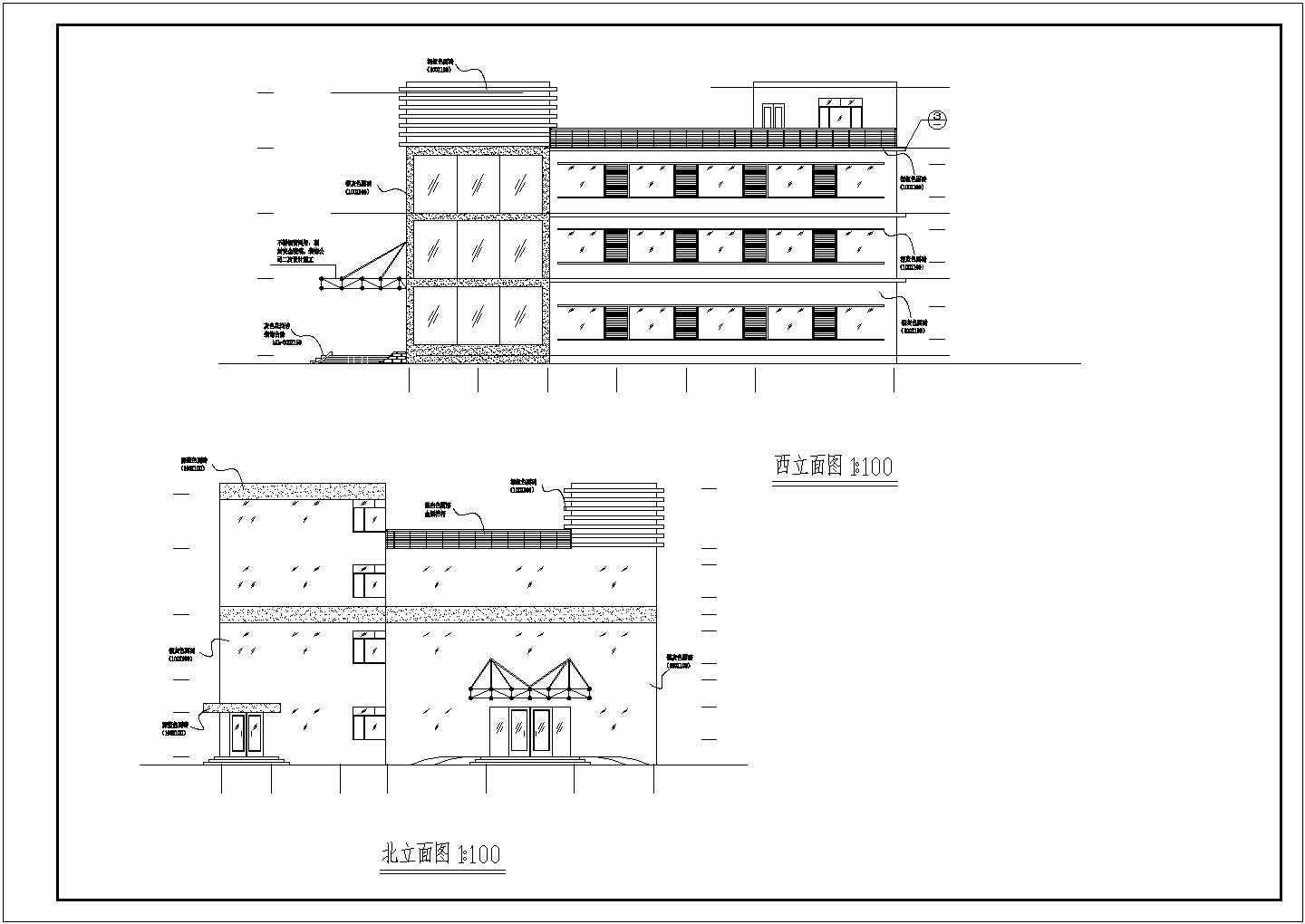 小工厂三层办公楼银灰幕墙建筑设计cad施工平面立面方案图纸