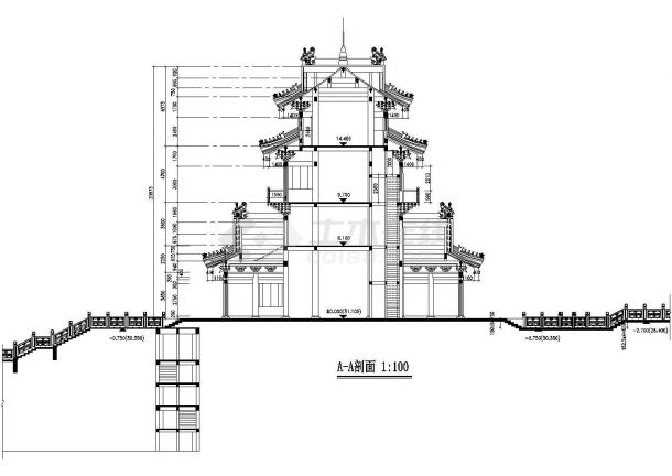 经典中式古建筑四层八角楼建筑设计cad施工平立剖面方案图纸-图二