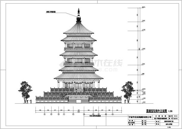 江苏省某地仿古三层框架结构圆塔建筑施工图-图一
