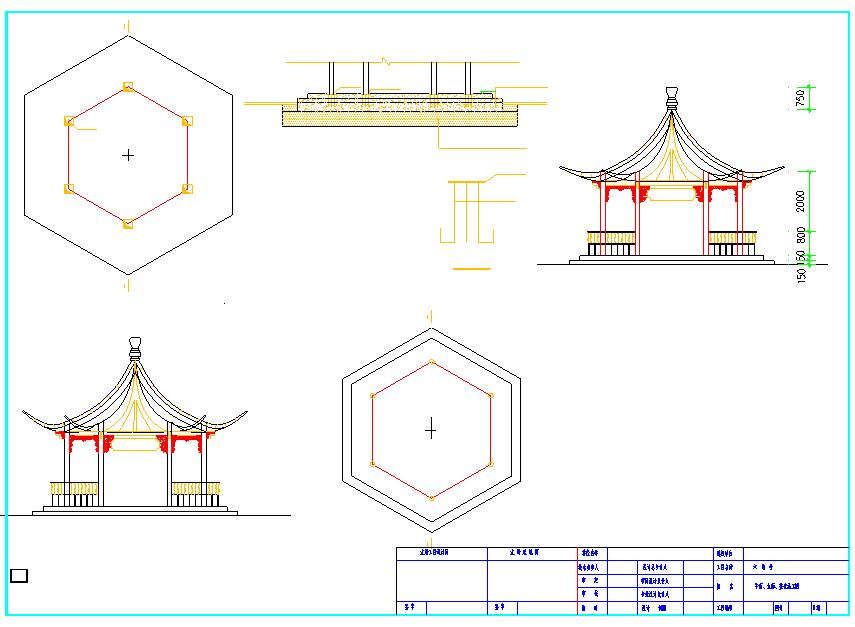 公园五角凉亭混凝土结构施工设计cad平立面布置图纸