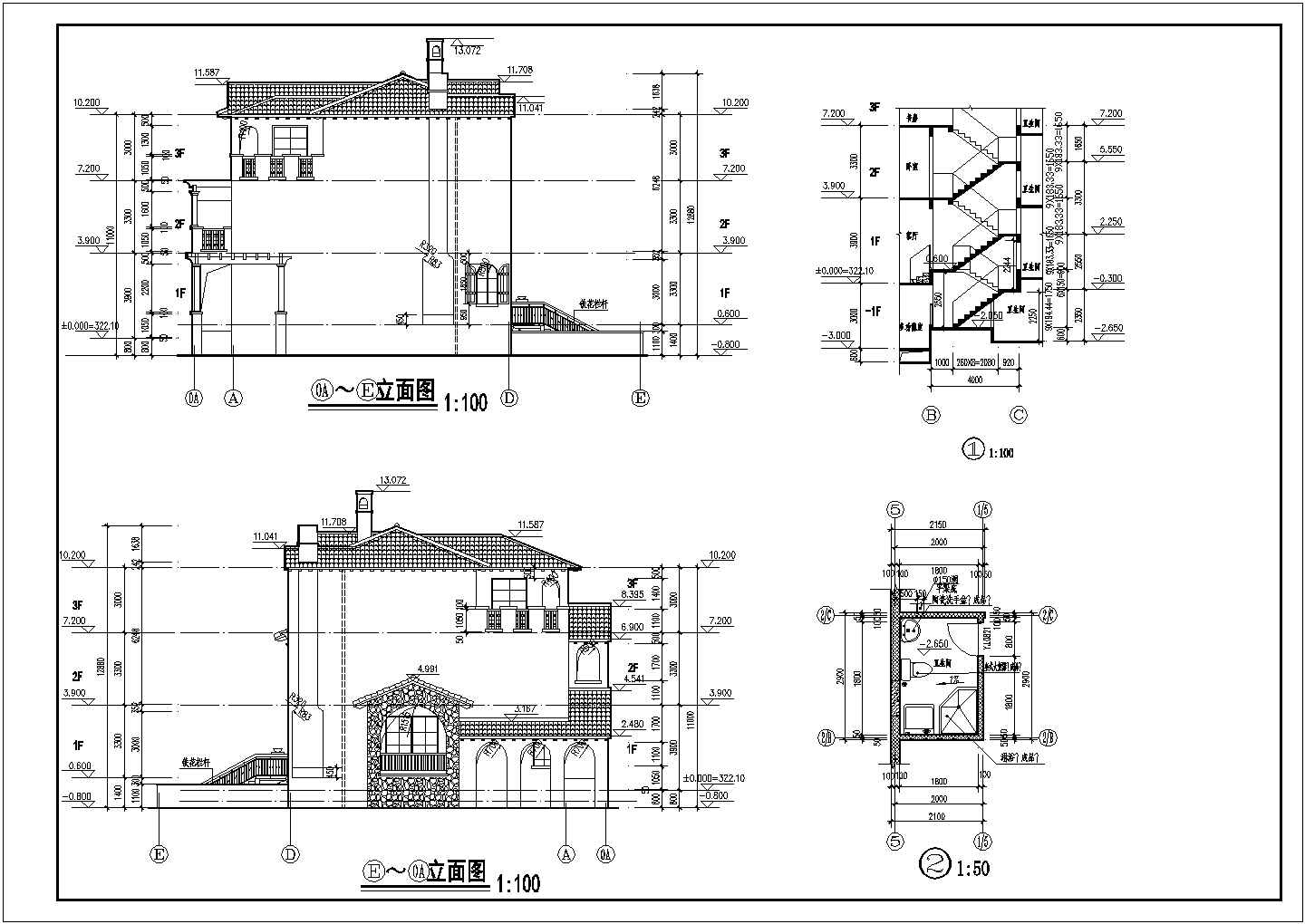 重庆3层框架剪力墙结构别墅建筑设计施工图