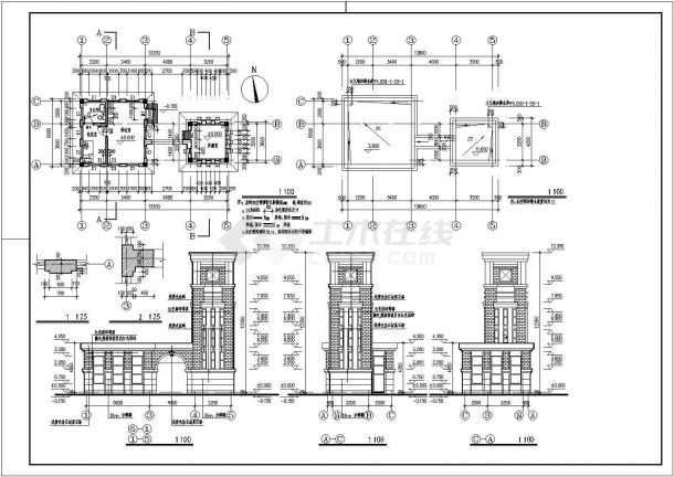 某大学欧式大门建筑设计施工图（平立面）-图二