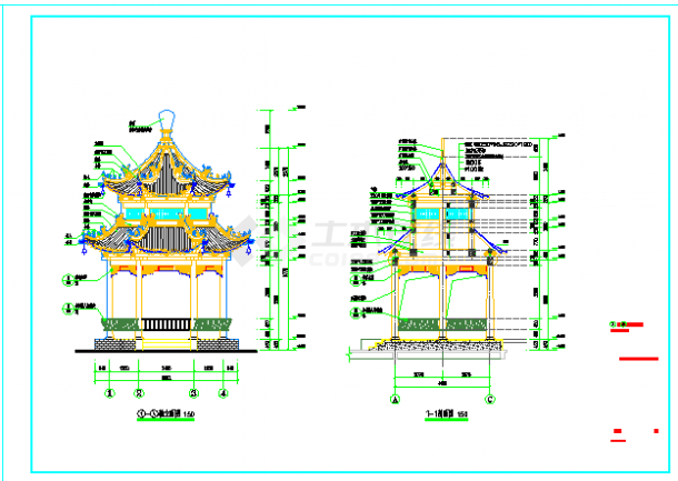 双层木结构重檐亭建筑cad设计施工图-图二