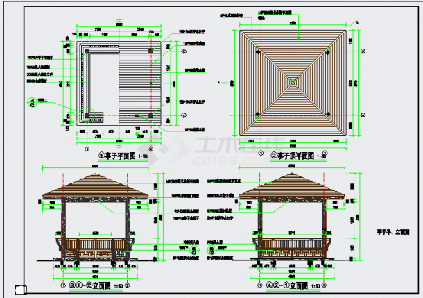 美人靠坐凳、防腐木亭子设计施工图纸-图一