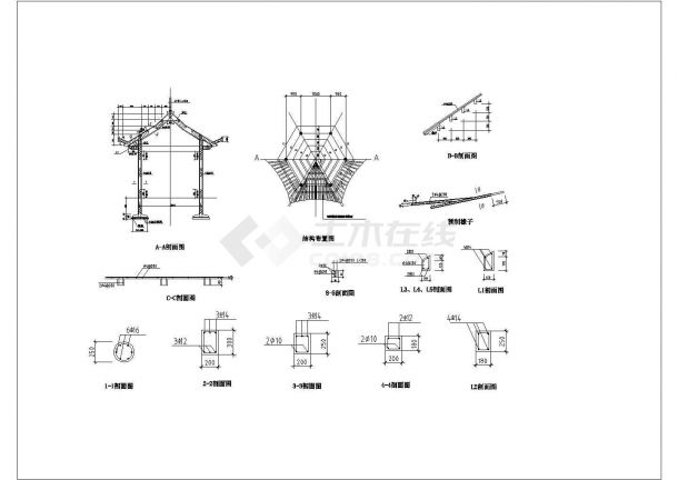 某钢混结构仿古中式六角亭设计施工图纸-图二