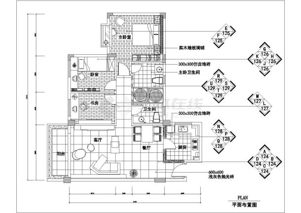 某地大型实用精美的三居室住宅现代型装修施工图（标注详细）-图一