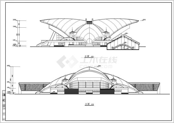 某大学飞鸟状体育馆建筑设计方案图纸-图二