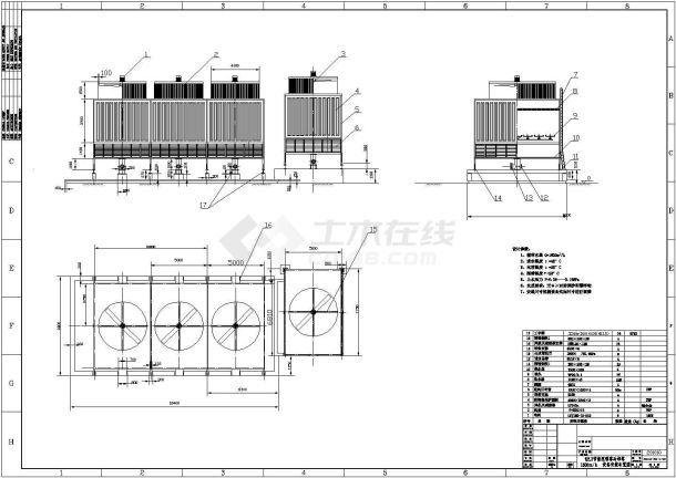 某型号逆流式玻璃钢冷却塔安装布置图-图一