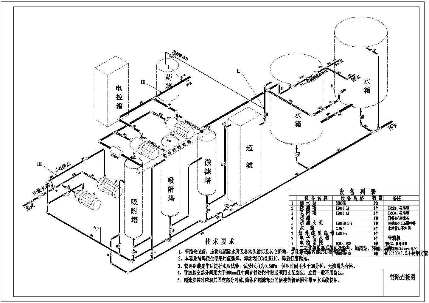 管道直饮水工艺流程图管道连接图基础分布图