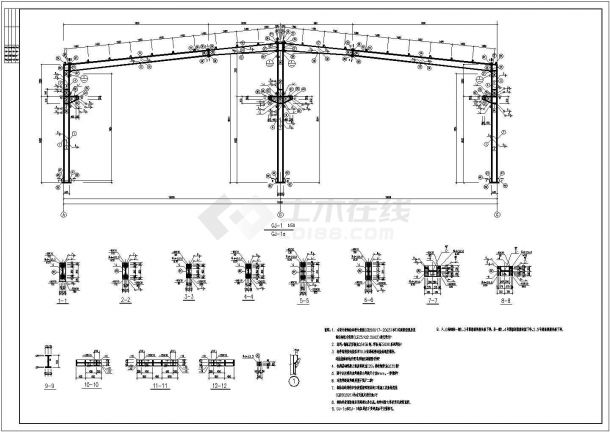 某地跨度15米轻钢结构单层厂房带吊车结构设计图纸-图二
