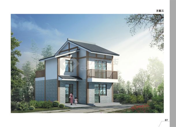 103平方米砖混结构农村住宅设计cad图，含效果图-图一