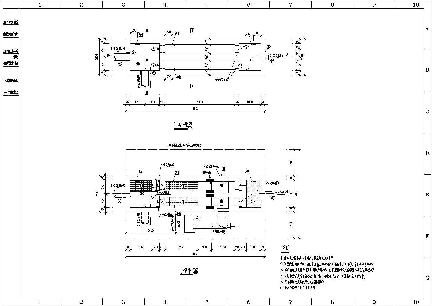 某污水厂粗格栅施工平面图剖面图部分大样图