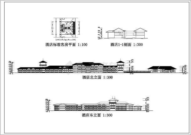 某地区公园三层酒店平立面建筑设计图-图一