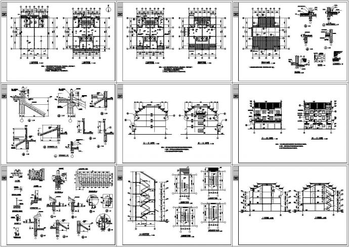 徽派三层民居建筑施工设计cad图，共十二张_图1