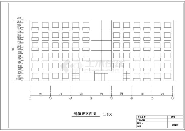 六层框架办公楼正立面建筑施工cad图纸-图一