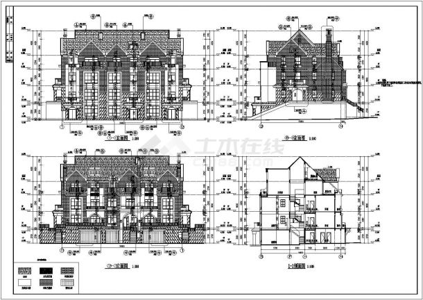 某地三层坡屋顶连拼别墅建筑设计方案图纸-图一