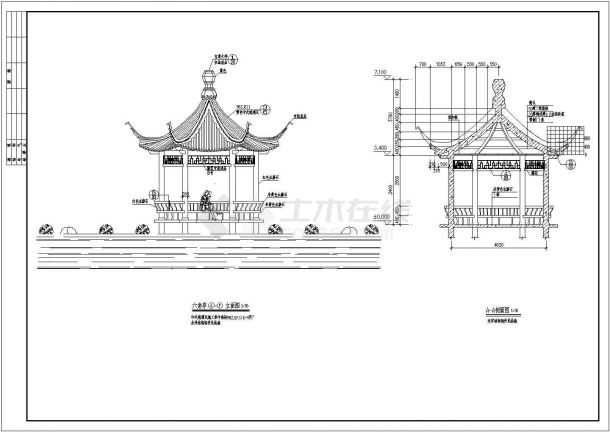 某地六角亭及连亭曲桥建筑图（共5张）-图一