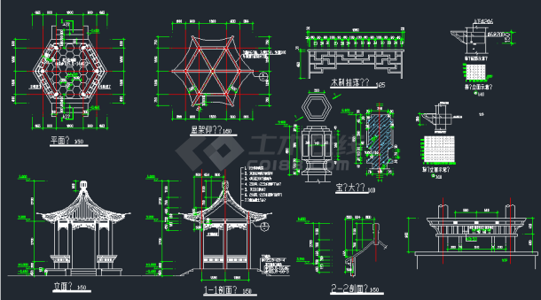 某地小型六角亭建筑施工图（标注详细）-图一
