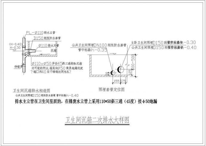 某地卫生间沉箱二次排水构造图预埋套管定位图_图1