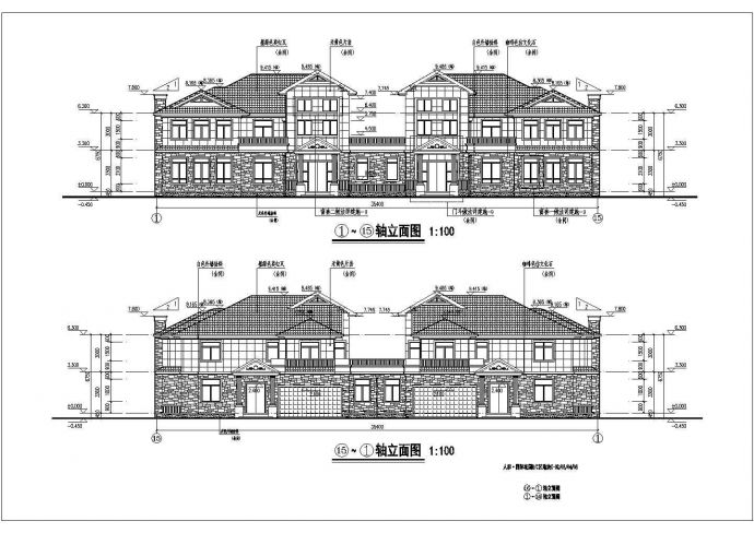 某地三层框架结构美式双拼别墅建筑设计方案图纸_图1