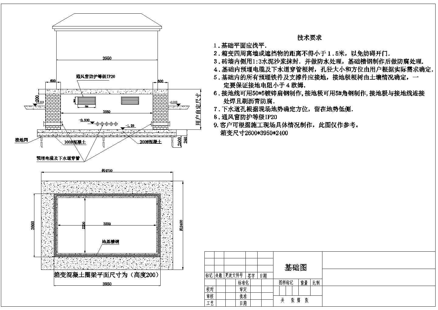 某箱变地脚螺栓定位布置图和箱变基础条件图