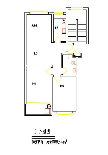 84平方米两室两厅小区住宅建筑设计cad图