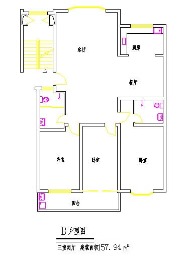 157.94平方米某小区三室两厅建筑设计cad图