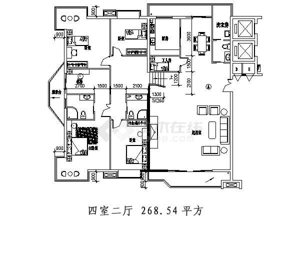 268.54平方米四室两厅住户建筑设计cad图-图一