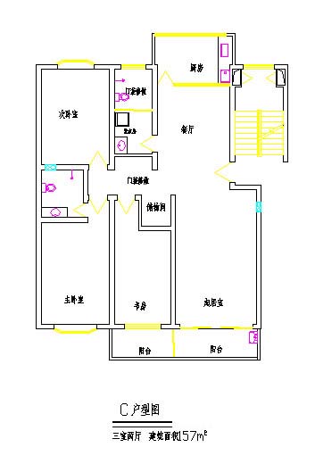 157平方米三室两厅经典型小区建筑设计cad图
