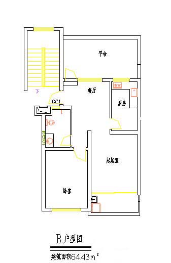 某小区两室一厅住宅建筑设计cad图，共64.43平方米