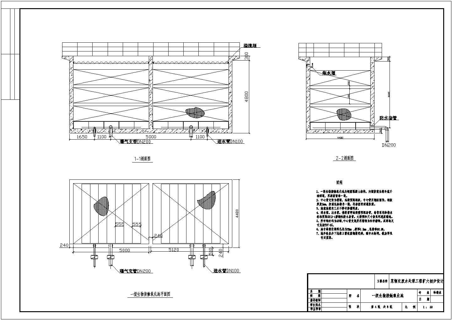 生物接触氧化池工艺图纸包括平面图、剖面图