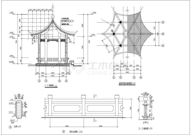 某地中国传统园林的六角亭子施工图-图二