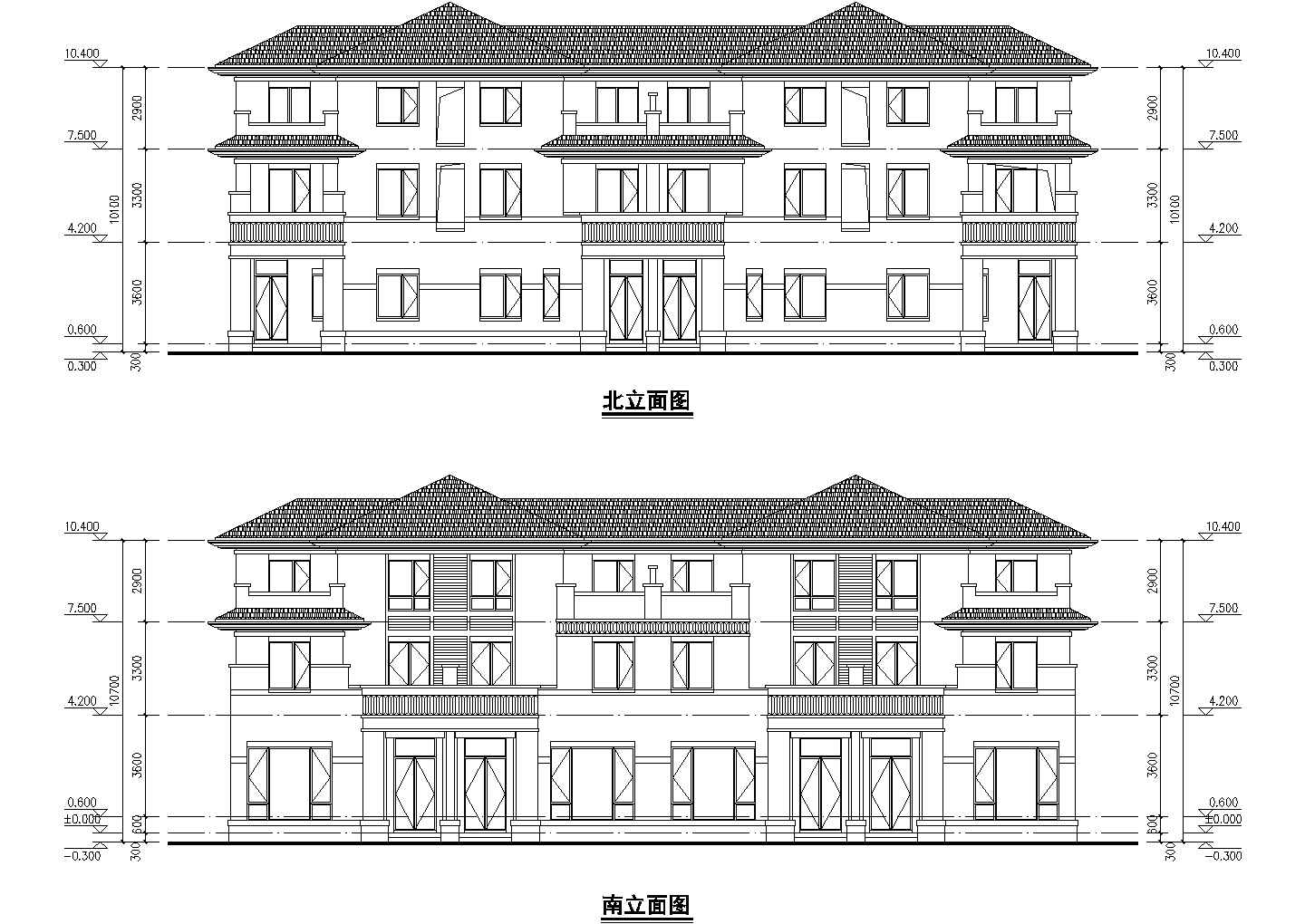 某小区三层坡屋面连拼别墅建筑设计方案图纸