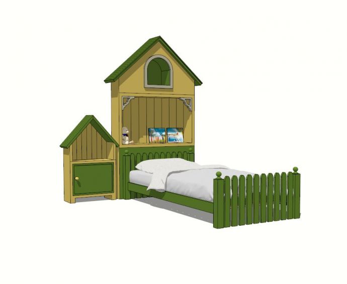 欧式绿色木房造型儿童床su模型_图1
