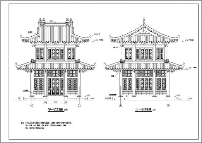 某二层框架结构寺庙仿古钟鼓楼建筑方案图_图1