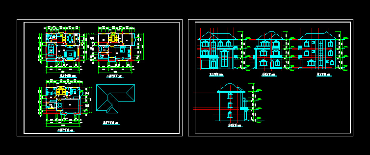 简单小型的三层别墅建筑设计图cad（含效果）