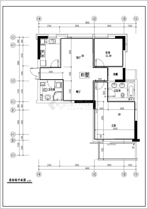 某地住宅小区二室二厅装修设计施工图-图一