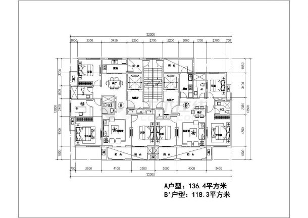 某高层剪刀梯四种两梯两户户型平面图-图一