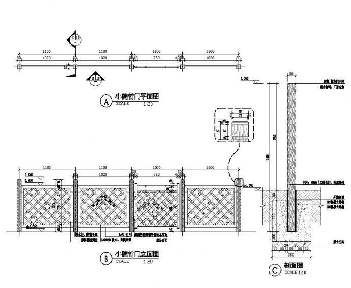 竹篱笆栏杆、竹篱笆门施工图（节点详细）_图1