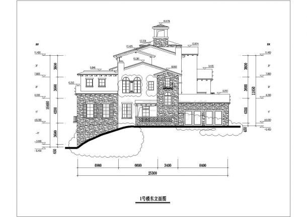 某地3层砖混结构中式独栋别墅建筑方案图-图一