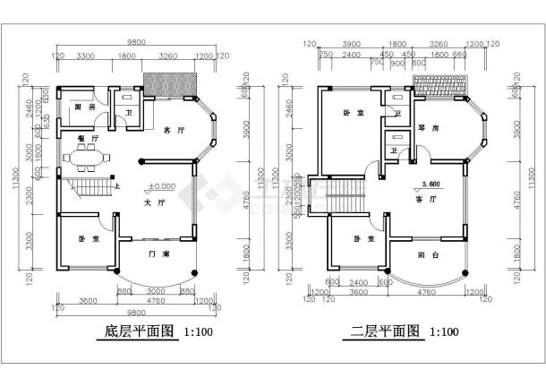 简单的小型别墅建筑施工图CAD图纸-图二