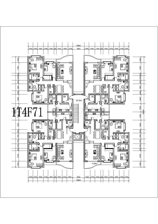 多种住宅楼1梯四户平面户型布置图大全-图二