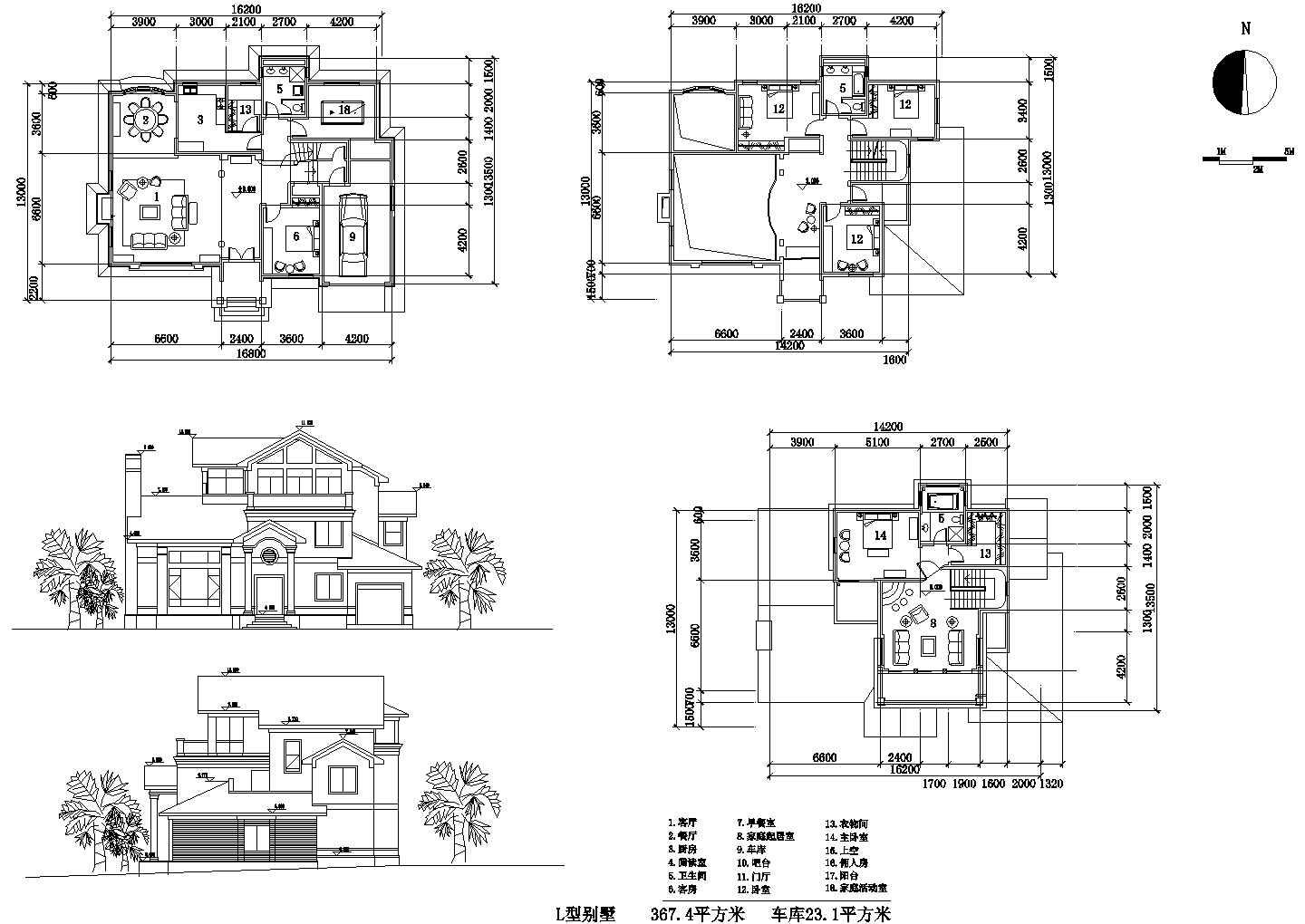 某三层 367.4平米乡间别墅建筑设计图（长16.8米 宽13.5米）