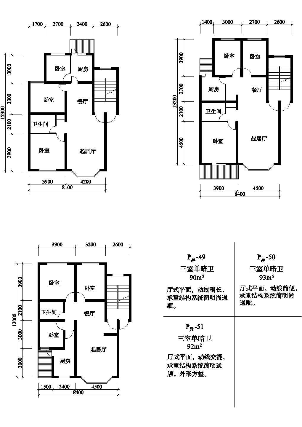 三室92/90/93平方单元式住宅户型平面图纸