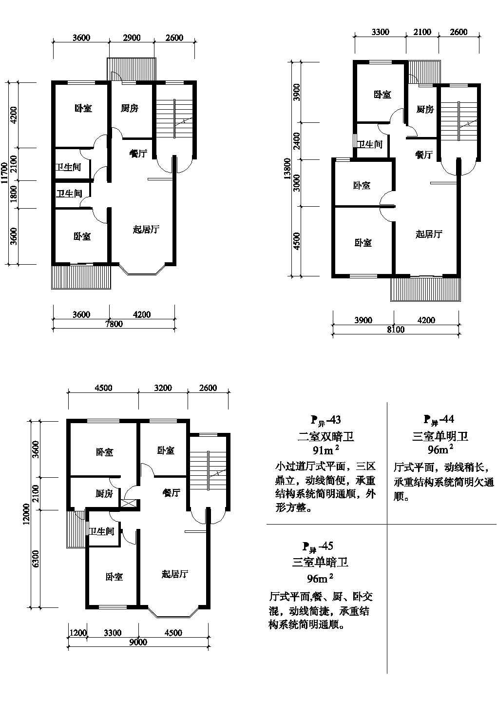 三室91/96/96平方单元式住宅平面图纸
