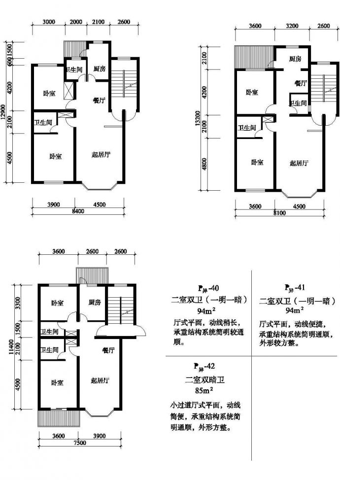 二室94/94/85平方单元式住宅平面图纸_图1