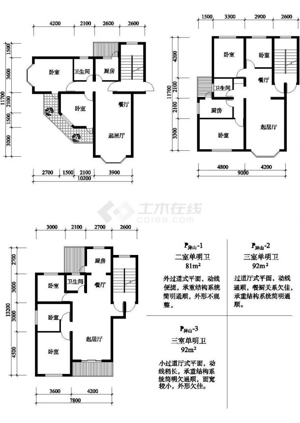 三室81/92平方单元式住宅户型平面图纸-图一