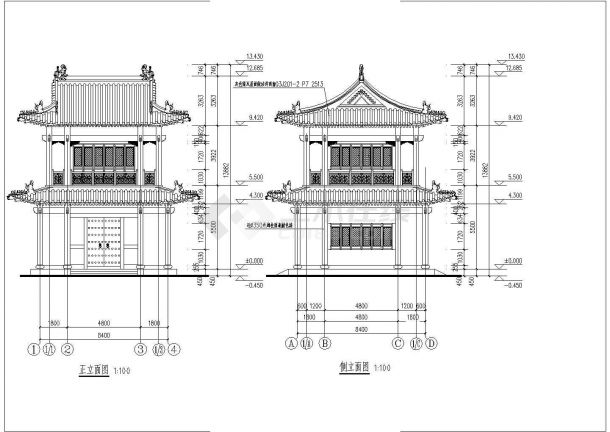 某寺庙二层框架结构歇山建筑钟鼓方案图-图一