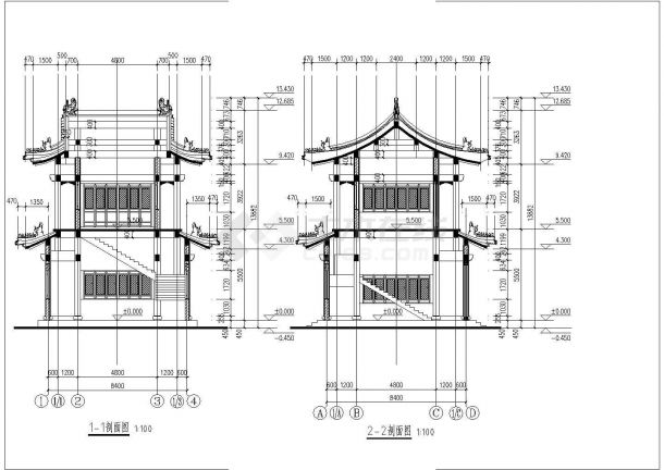 某寺庙二层框架结构歇山建筑钟鼓方案图-图二